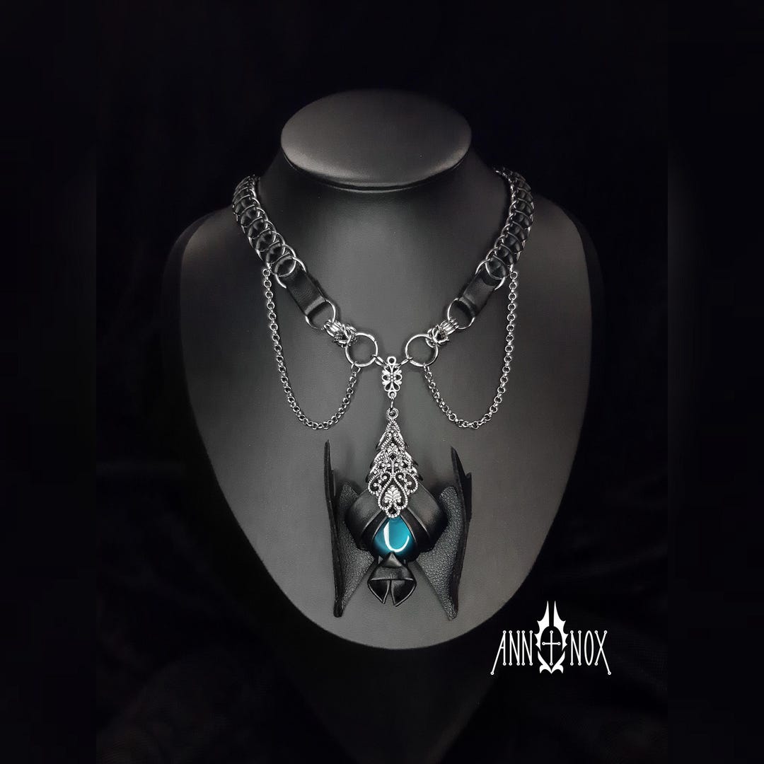 Gothic Bat Necklace, Movable Wings, Teal Eye, Eco Leather Choker ...