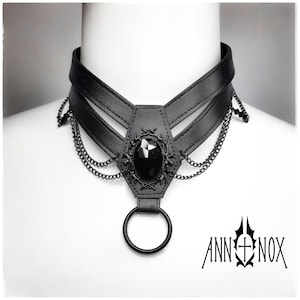 Vegan Leather Coffin Choker – Gothic Harness Necklace with Black Gem image 8
