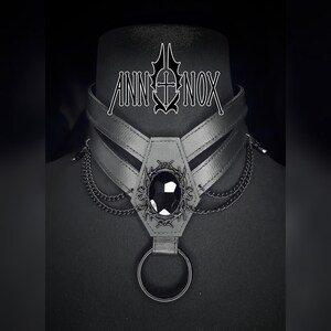 Vegan Leather Coffin Choker – Gothic Harness Necklace with Black Gem image 6