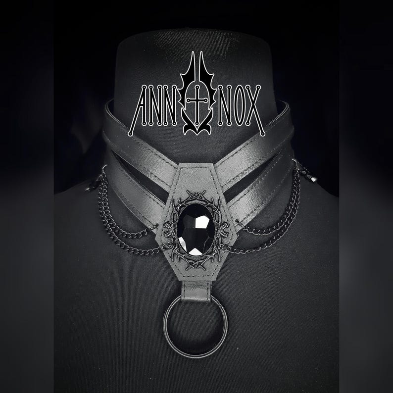 Vegan Leather Coffin Choker – Gothic Harness Necklace with Black Gem image 6