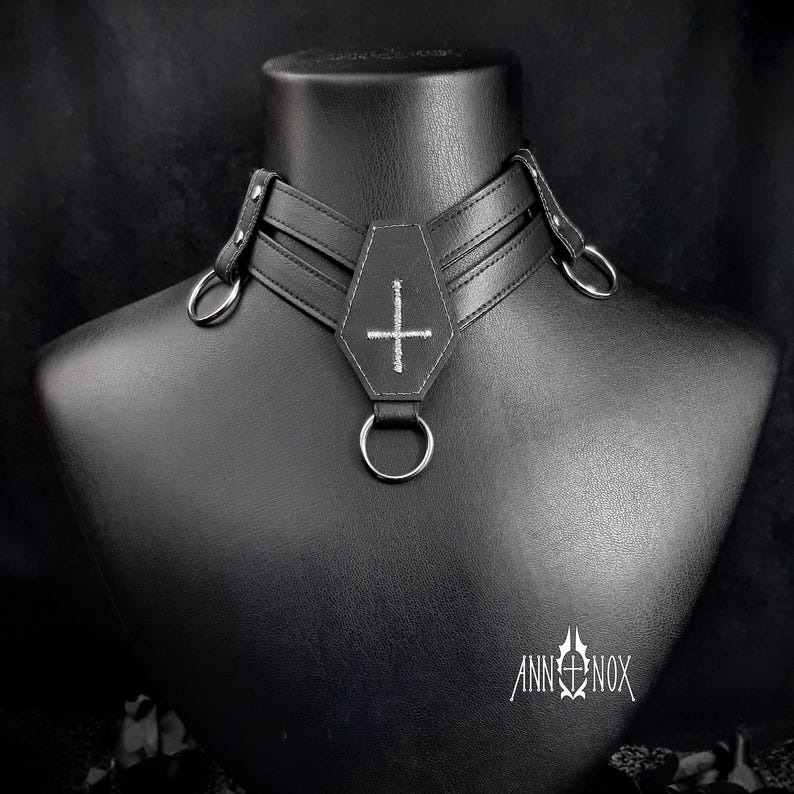 Vegan Leather Coffin Choker – Gothic Cross Alt Fashion Necklace image 2