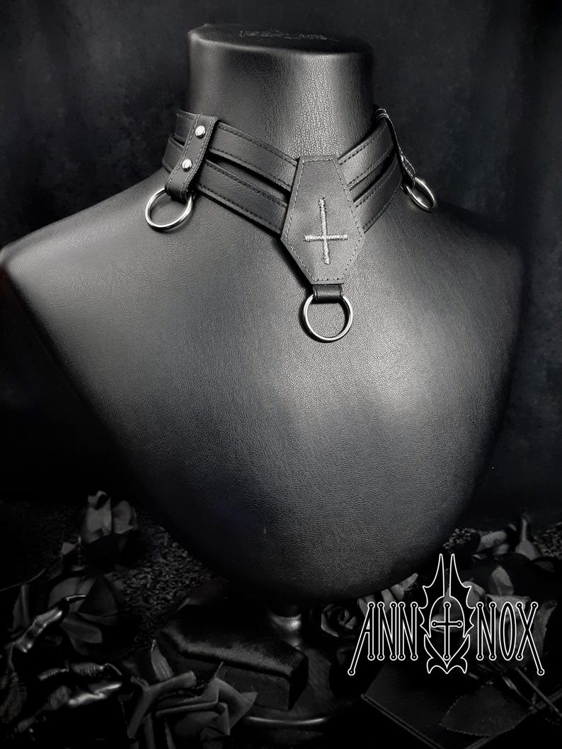 Vegan Leather Coffin Choker – Gothic Cross Alt Fashion Necklace image 3