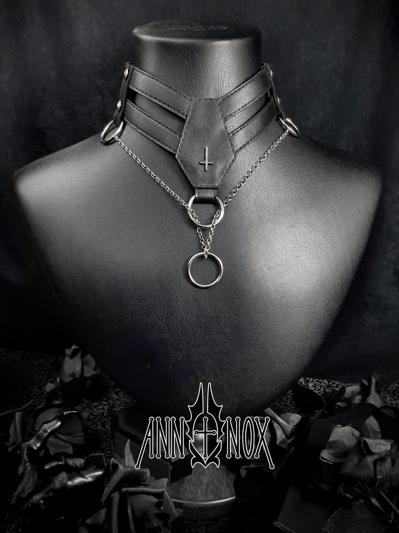 Vegan Leather Goth Choker – Coffin Shape, Silver Cross Necklace image 4