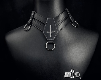 Vegan Leather Coffin Choker – Gothic Cross Alt Fashion Necklace