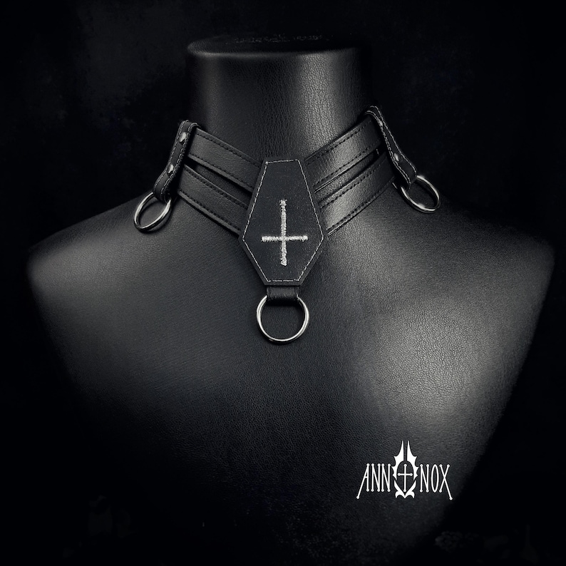 Vegan Leather Coffin Choker – Gothic Cross Alt Fashion Necklace image 1