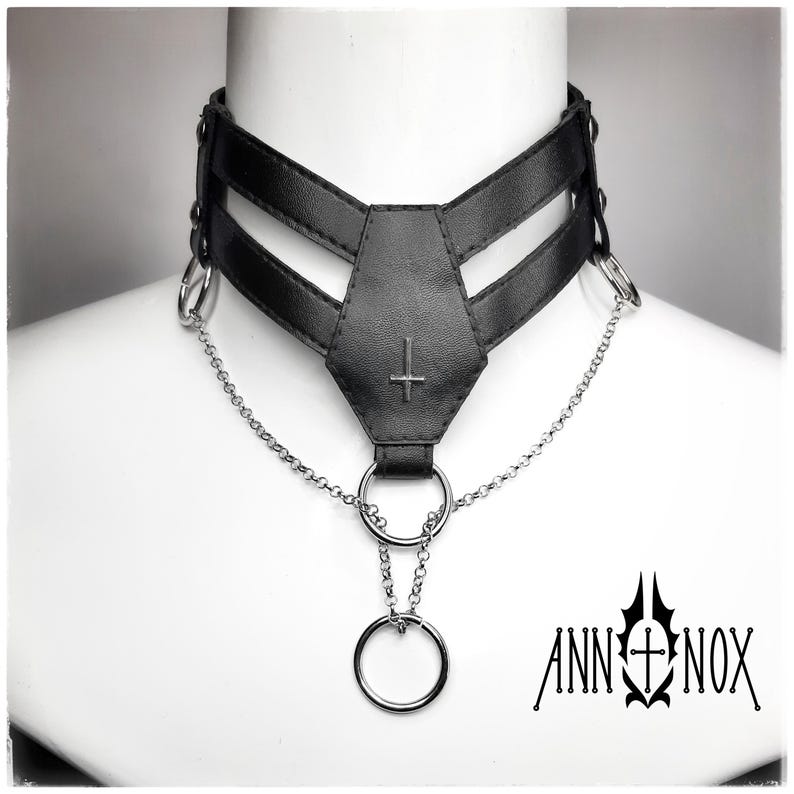 Vegan Leather Goth Choker – Coffin Shape, Silver Cross Necklace image 8