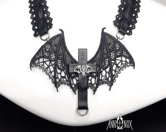 Gargantilha gótica de renda com morcego e pingente de cruz, colar vitoriano de vampiro