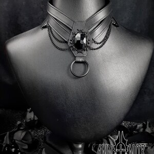 Vegan Leather Coffin Choker – Gothic Harness Necklace with Black Gem image 5