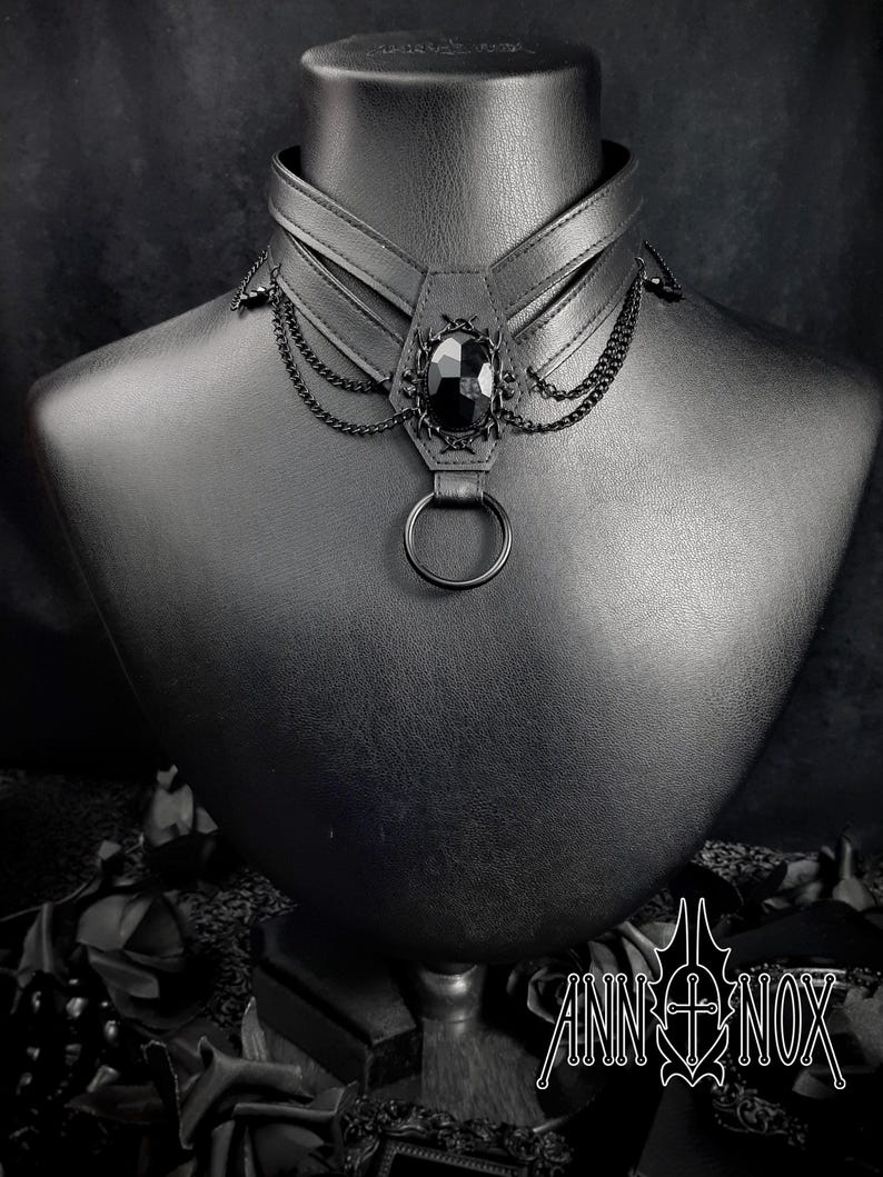 Vegan Leather Coffin Choker – Gothic Harness Necklace with Black Gem image 5