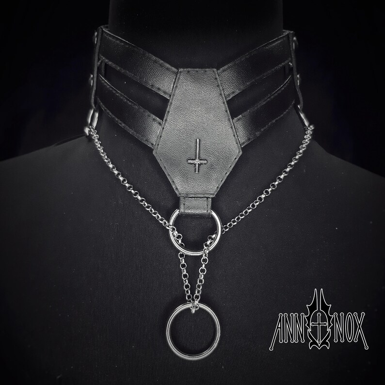 Vegan Leather Goth Choker – Coffin Shape, Silver Cross Necklace image 6