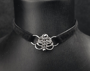 Minimalist Goth Skeleton Velvet Choker, Hand-Stitched Black Collar, Punk Alt Jewelry