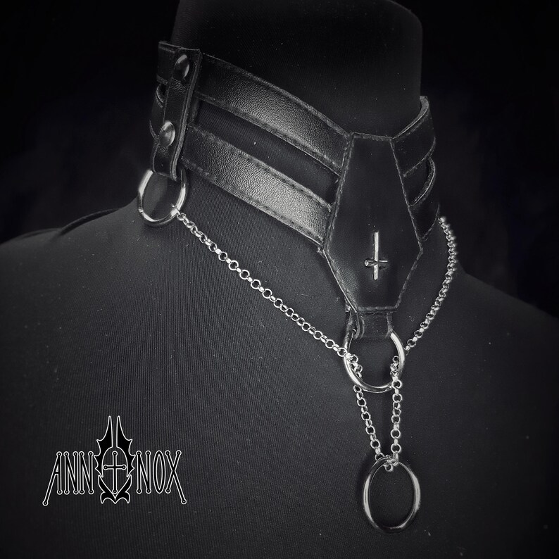Vegan Leather Goth Choker – Coffin Shape, Silver Cross Necklace image 7