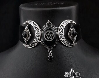 Gothic Triple Moon Pentagram Choker, Velvet Celestial Witchy Jewelry