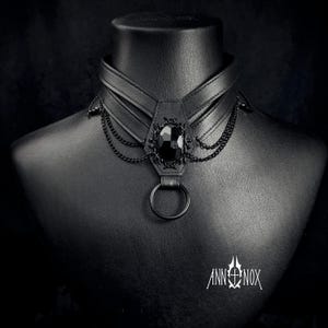 Vegan Leather Coffin Choker – Gothic Harness Necklace with Black Gem image 1