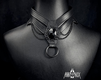 Vegan Leather Coffin Choker – Gothic Harness Necklace with Black Gem