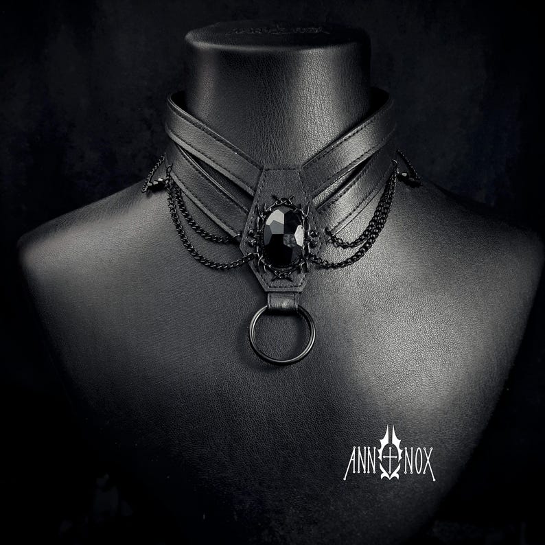 Vegan Leather Coffin Choker – Gothic Harness Necklace with Black Gem image 1