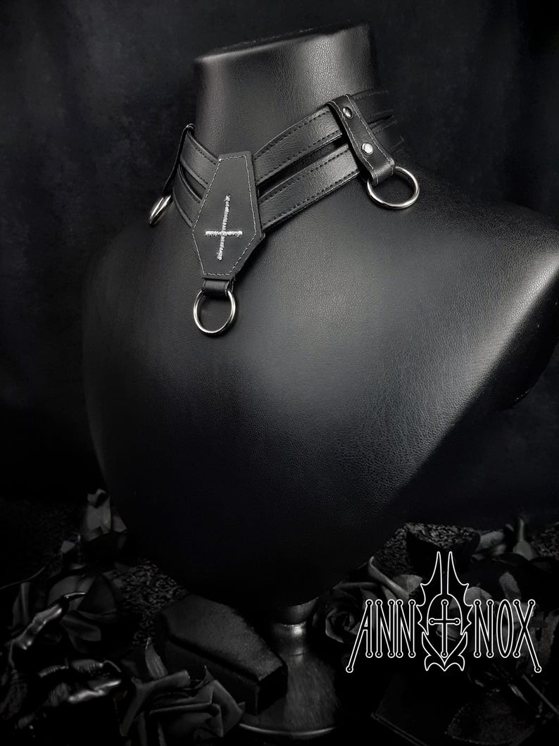 Vegan Leather Coffin Choker – Gothic Cross Alt Fashion Necklace image 4