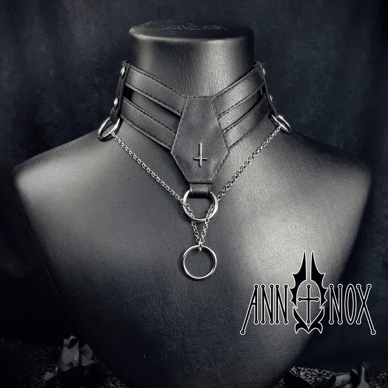 Vegan Leather Goth Choker – Coffin Shape, Silver Cross Necklace image 12