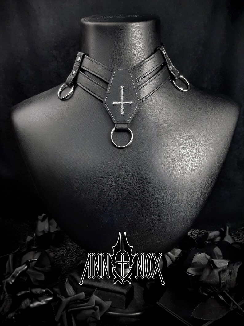 Vegan Leather Coffin Choker – Gothic Cross Alt Fashion Necklace image 5