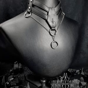Vegan Leather Goth Choker – Coffin Shape, Silver Cross Necklace image 2