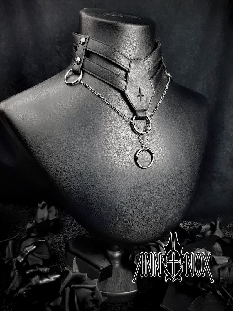 Vegan Leather Goth Choker – Coffin Shape, Silver Cross Necklace image 2