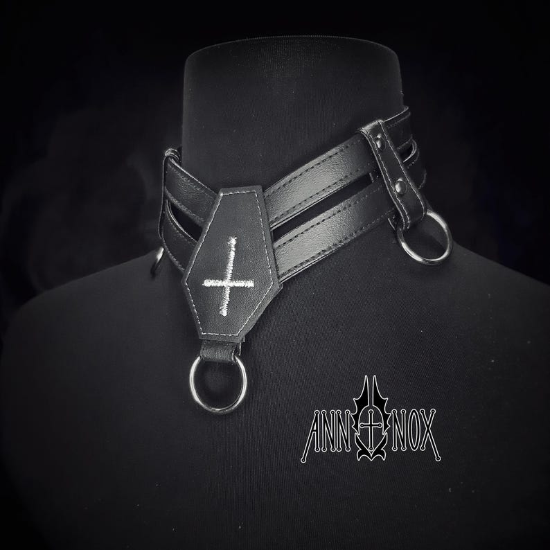 Vegan Leather Coffin Choker – Gothic Cross Alt Fashion Necklace image 6