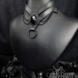 Vegan Leather Coffin Choker – Gothic Harness Necklace with Black Gem image 3