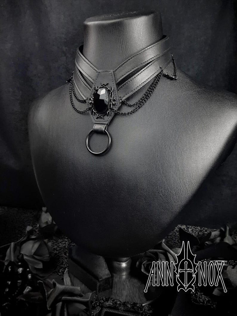 Vegan Leather Coffin Choker – Gothic Harness Necklace with Black Gem image 3
