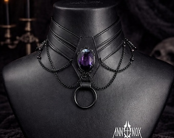 Vegan Leather Coffin Choker – Gothic Alt Fashion Necklace with Purple Gem
