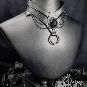 Vegan Leather Coffin Choker – Gothic Harness Necklace with Black Gem image 2