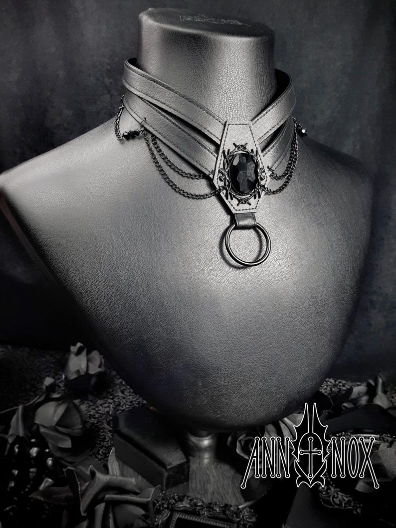 Vegan Leather Coffin Choker – Gothic Harness Necklace with Black Gem image 2