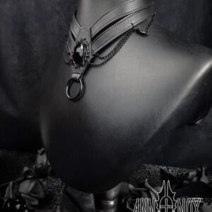 Vegan Leather Coffin Choker – Gothic Harness Necklace with Black Gem image 4