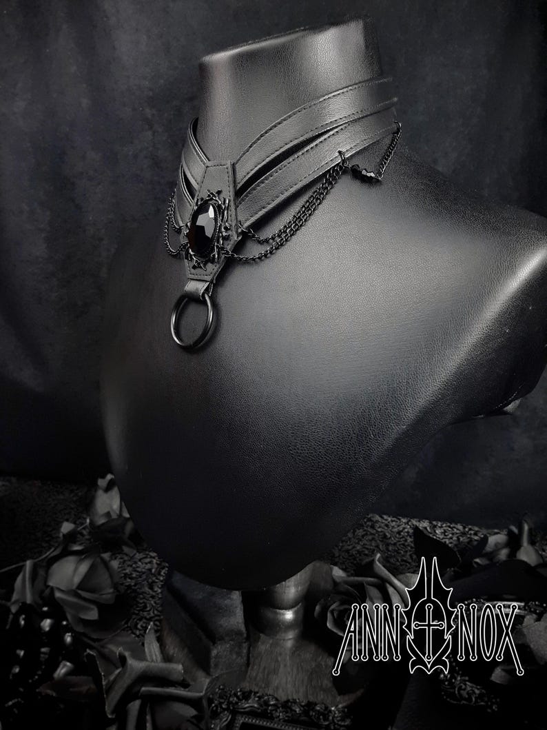Vegan Leather Coffin Choker – Gothic Harness Necklace with Black Gem image 4
