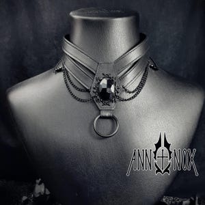 Vegan Leather Coffin Choker – Gothic Harness Necklace with Black Gem image 12