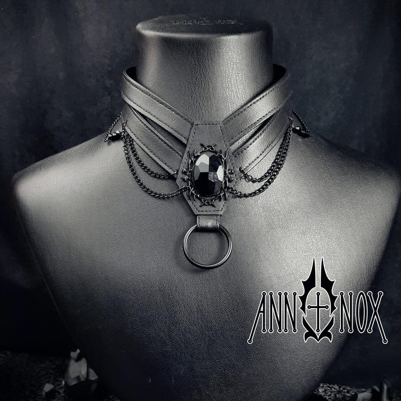 Vegan Leather Coffin Choker – Gothic Harness Necklace with Black Gem image 12