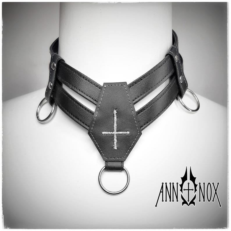 Vegan Leather Coffin Choker – Gothic Cross Alt Fashion Necklace image 9