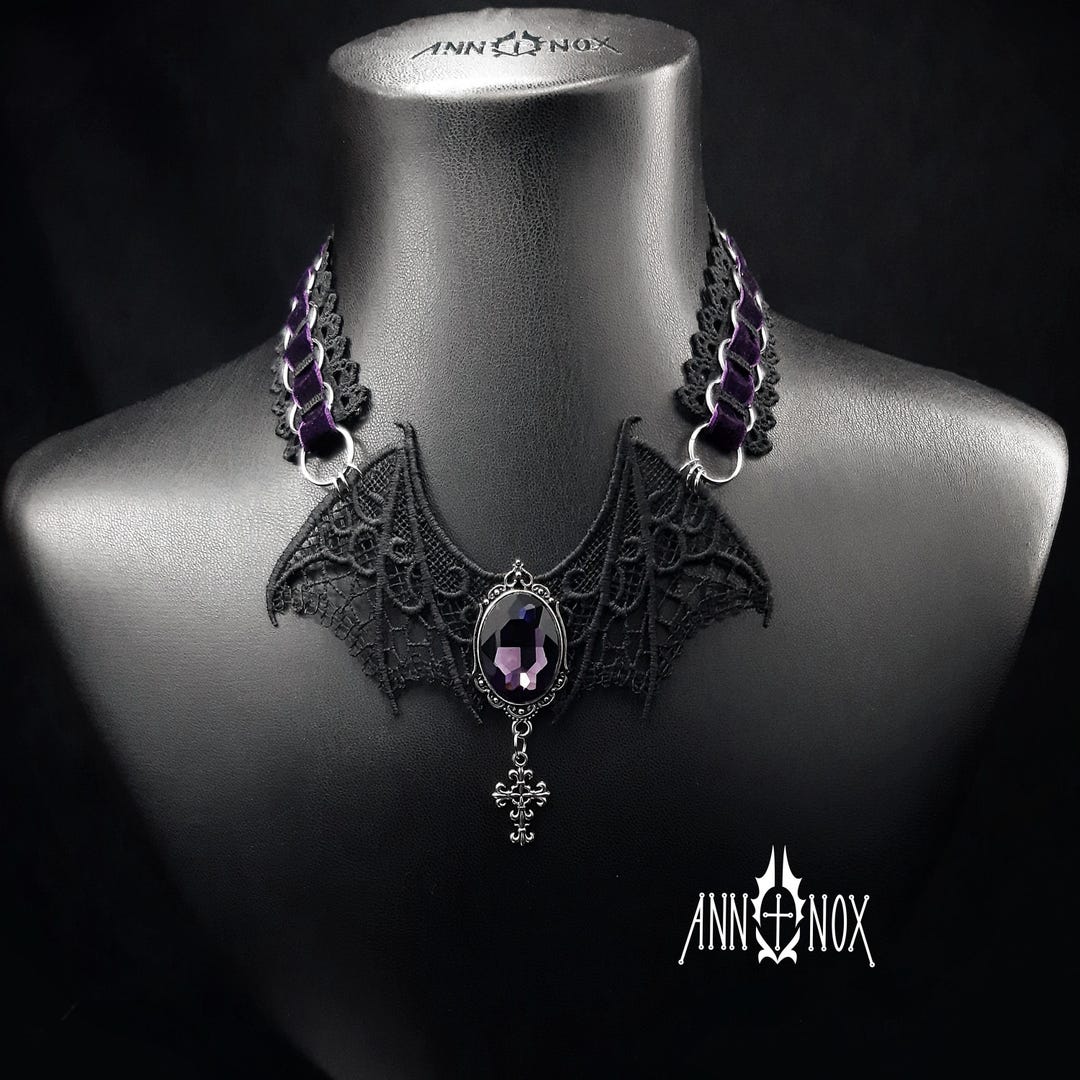 Gothic Choker With Laced Bat Wings | Vampire Necklace With Purple ...