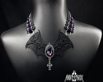 Gothic Bat Lace Choker Necklace, Purple Crystal Cameo, Vampire Victorian Jewelry