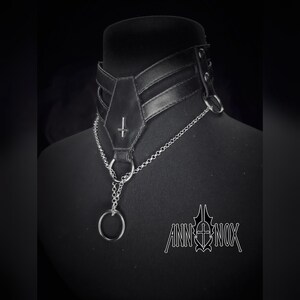Vegan Leather Goth Choker – Coffin Shape, Silver Cross Necklace image 5