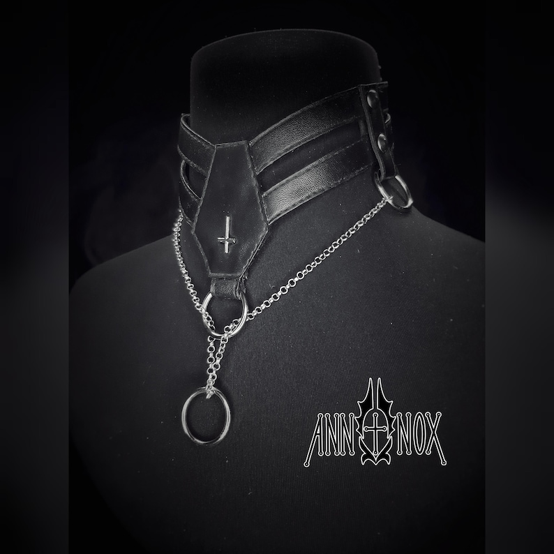 Vegan Leather Goth Choker – Coffin Shape, Silver Cross Necklace image 5