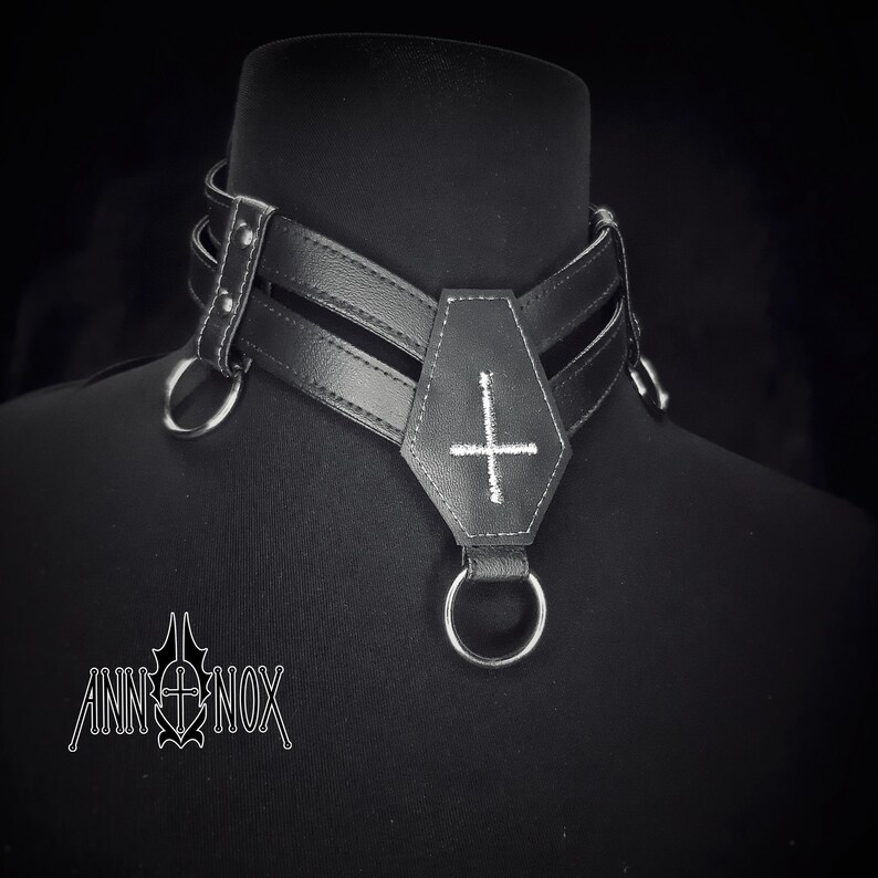 Vegan Leather Coffin Choker – Gothic Cross Alt Fashion Necklace image 8
