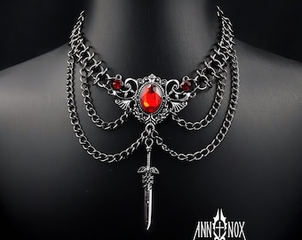 Gargantilha gótica de cota de malha com pingente de espada, colar de cristal vermelho, joia medieval de vampiro
