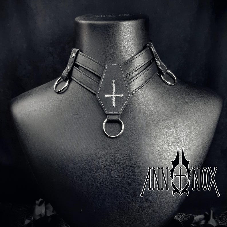 Vegan Leather Coffin Choker – Gothic Cross Alt Fashion Necklace image 13