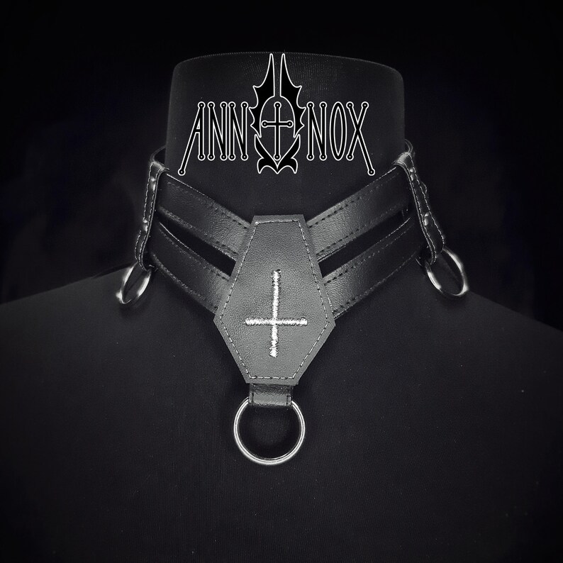 Vegan Leather Coffin Choker – Gothic Cross Alt Fashion Necklace image 7
