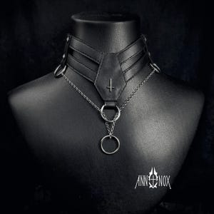 Vegan Leather Goth Choker – Coffin Shape, Silver Cross Necklace image 1