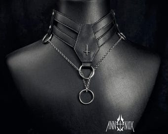 Vegan Leather Goth Choker – Coffin Shape, Silver Cross Necklace