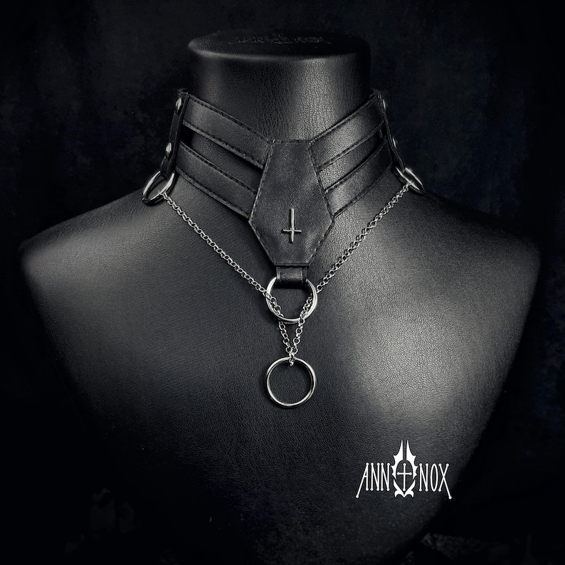 Vegan Leather Goth Choker – Coffin Shape, Silver Cross Necklace image 1