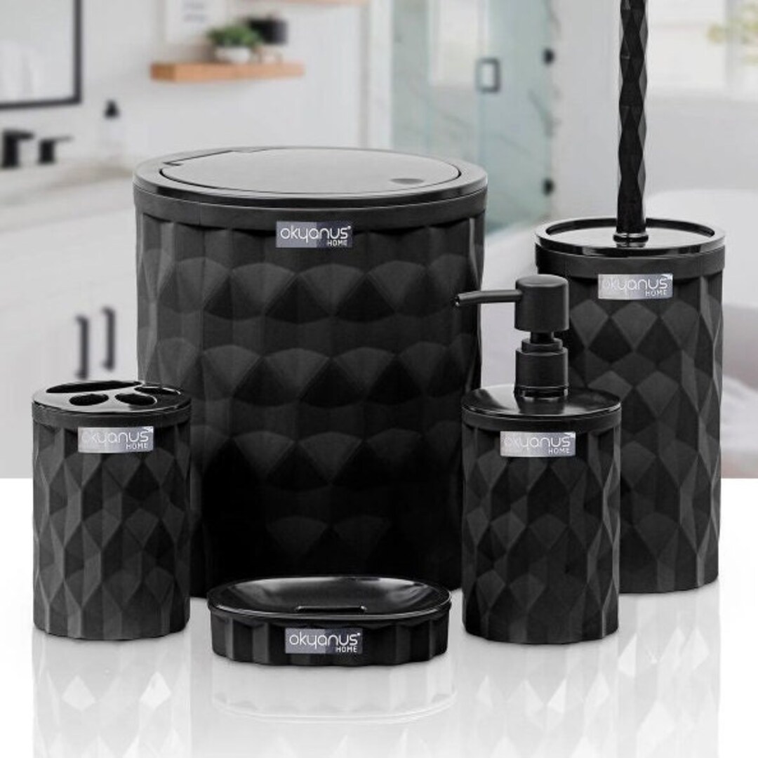 Diamond Black Click Cover 5 Pcs Bathroom Set , Black Bathroom Accessories Set , Bathroom With ...