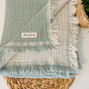 Sage-Ecru Large Double Sided Soft Gauze 100%Cotton Kids/Baby Blanket| Muslin Baby Kids Throw Blanket | Newborn Soft Quality Large Blanket