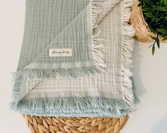 Sage-Ecru Muslin Baby Blanket: Double Sided Cotton Gauze with Fringe